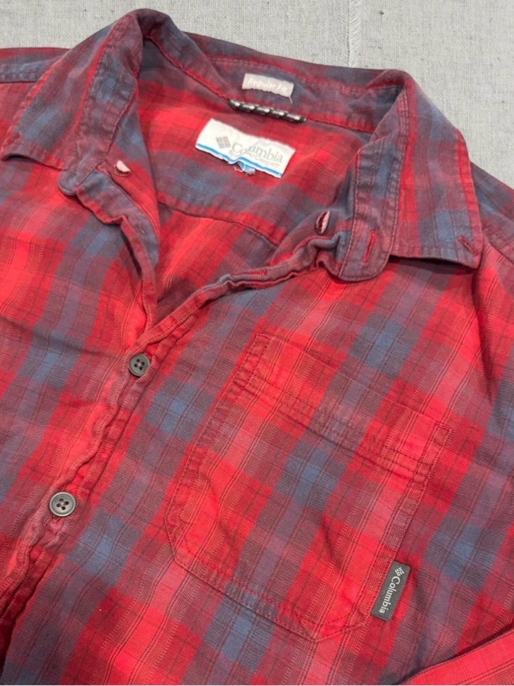 Columbia Red and Blue Plaid Button-Down Shirt